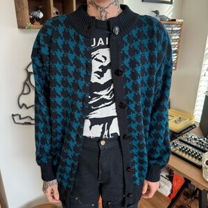 Vintage 80s Large Houndstooth Black & Blue Knit Cardigan with Pockets ~ Size M